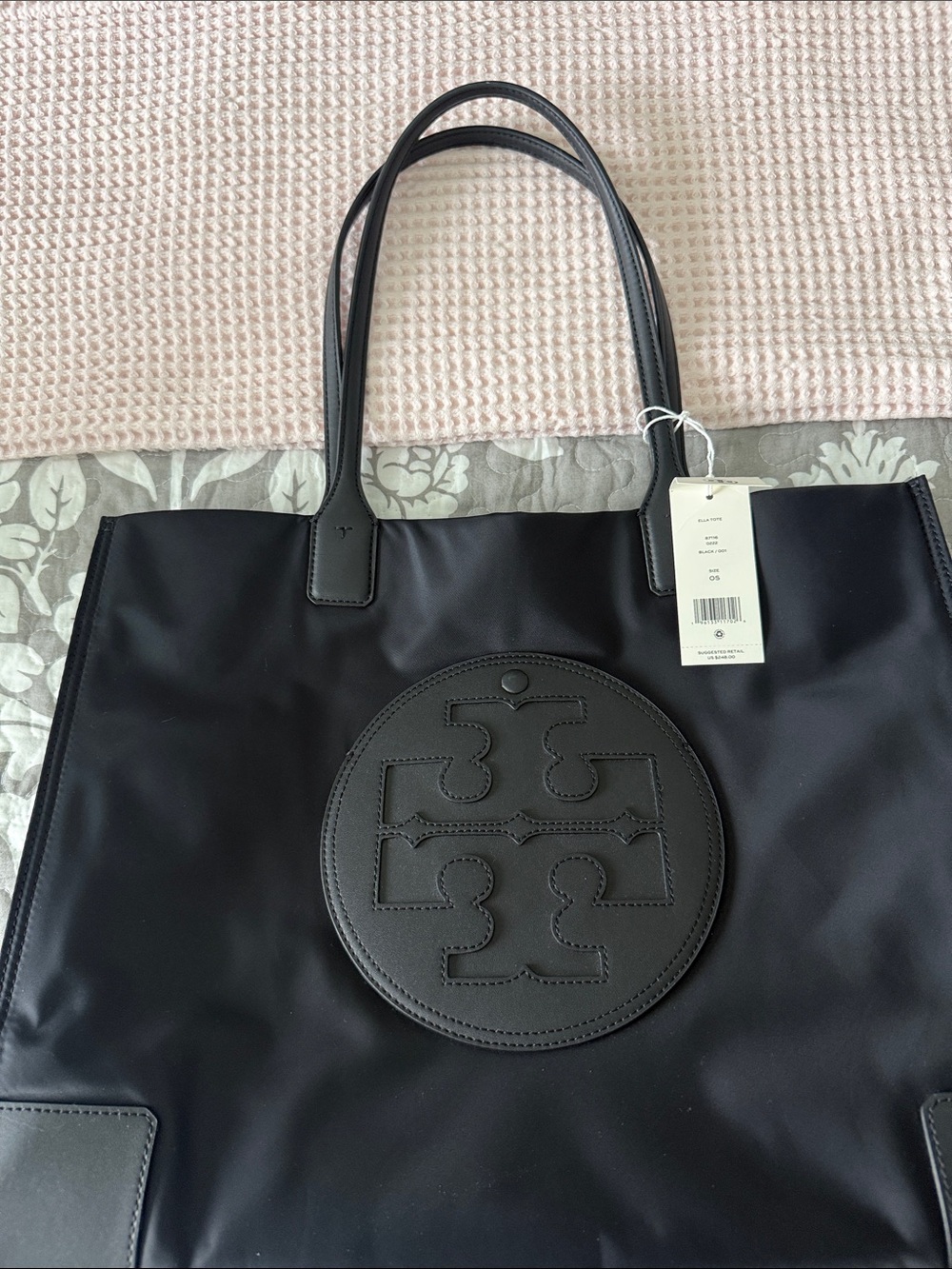 Tory Burch Black Nylon “Ella” Logo Tote with Leather Trim NWT